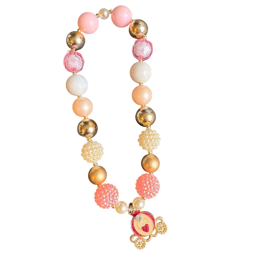 $3 BUNDLE ITEM Pink Gold Bubblegum Bead Necklace Cinderella Carriage Charm